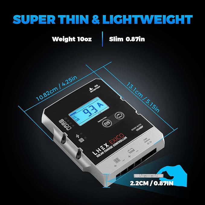 LNEX Solar Charge Controller Waterproof 10A Super Thin Panel Battery Intelligent Regulator With LCD Display 12V/24V PWM Controller for LiFePO4 AGM Gel Flooded and Lithium Battery