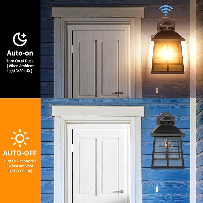 FUDESY Dusk to Dawn LED Outdoor Wall LanternWhite Plastic Photocell Sensor Porch Light with 8W 800LM Edison Filament BulbExterior Wall Mount Light Fixture for YardPatioGarage