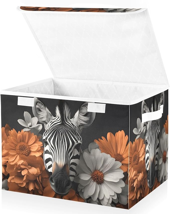 AIXIWAWA Lidded Storage Cube (Zebra Floral) Fabric Foldable Closet Bins with Flip Lid and Handles Organizer Basket Container 16.5 x 12.6 x 11.8 IN