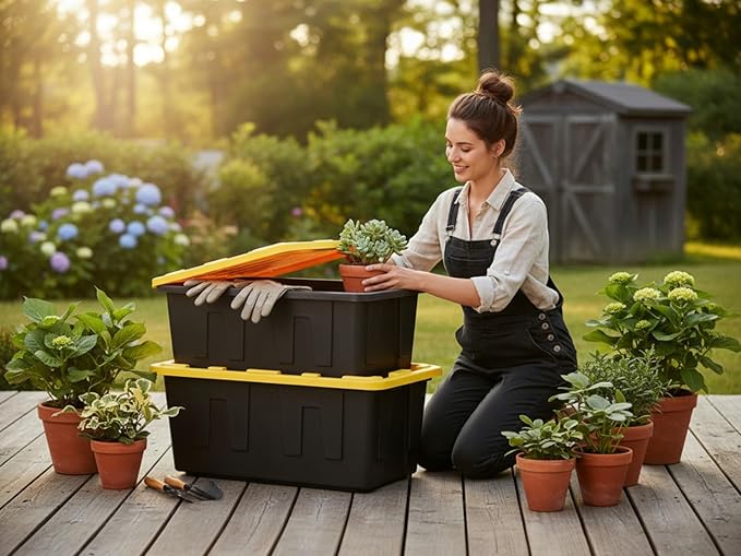 Heavy-Duty Storage Tote with Lid Black and Yellow 40 Gallon 22.0 D x 38.2 W x 16.4 H (4 PACK)