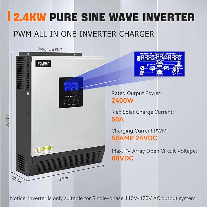 PowMr 2400W Solar Inverter 24VDC to 110V/120VAC Pure Sine Wave with 50A PWM Charge Controller Hybrid Inverter for Homes RV 24V Lead-Acid Sealed Gel/AGM Battery Off-Grid Systems