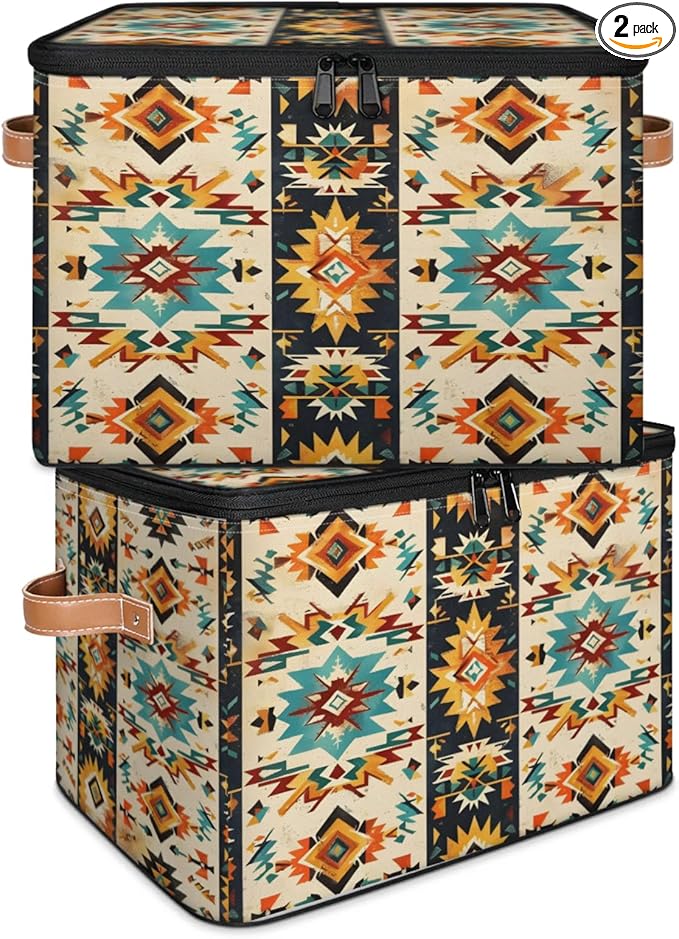 Boho Aztec Storage Bins with Zipper Aztec Western 2 Pack Lid Fabric Storage Boxes Home Cubes Baskets Clothes Organizer Container