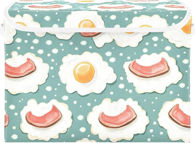Storage Cube with Lid Bacon Egg Cartoon Print 16.5×12.6×11.8 IN 1 Pack Collapsible Large Capacity Foldable Storage Basket Bin Organizer