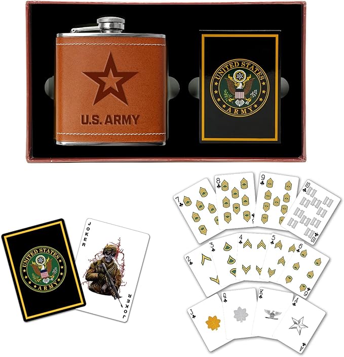 US-Army Flask &amp Cards Set | Leather-Wrapped Hip-Flask with Rank Playing Cards | Army Card &amp Flask-Set