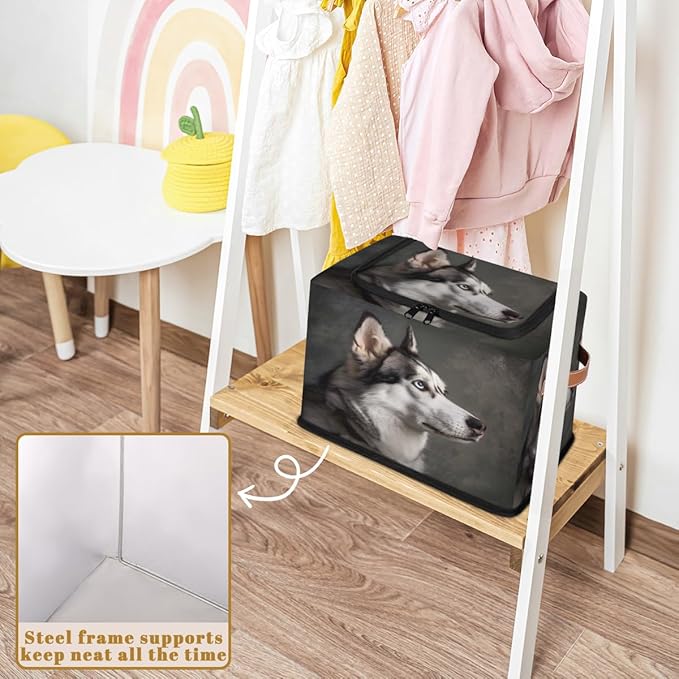 Husky Dog Storage Box with Lid Cute Pet Dog Collapsible Storage Bins Baskets Cubes Closet Shelf Clothes Organizer Containers with PU Leather Handles