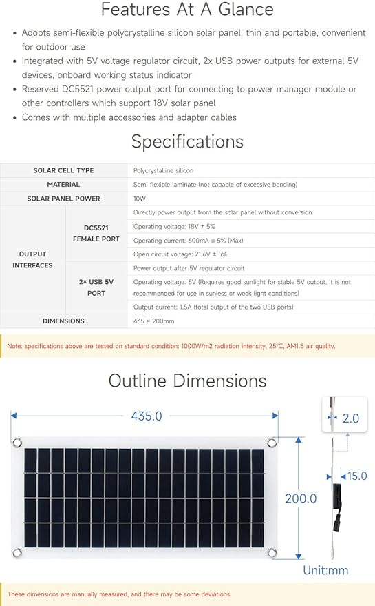 Waveshare Semi-Flexible Polycrystalline Silicon Solar Panel (18V 10W) Supports 5V Regulated Output