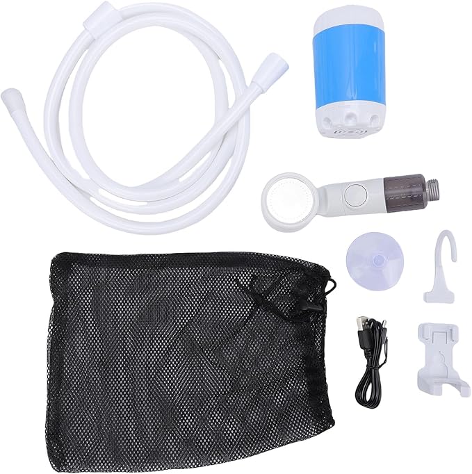 Portable Shower Pump 4000mAh Rechargeable Outdoor Camping Shower Head Sprayer with Mounting Rack Suction Cup Hook for Hiking Travel (Blue)