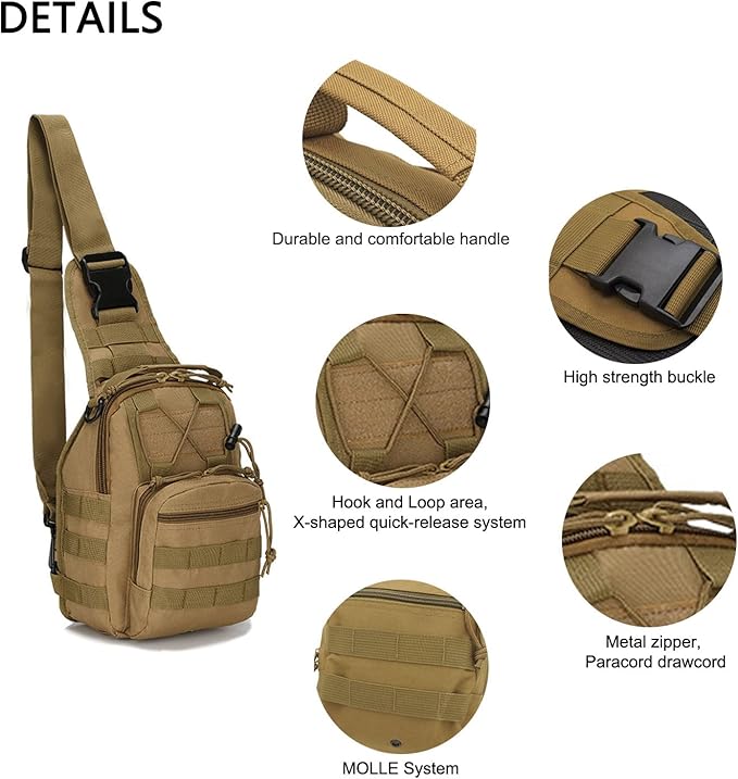 Tactical Crossbody Military Sling Bag Waterproof Oxford Shoulder Bag MOLLE Chest Bag Assault Back Pack One Strap Backpack for Outdoor Camp Hiking Cycling Running Coyote
