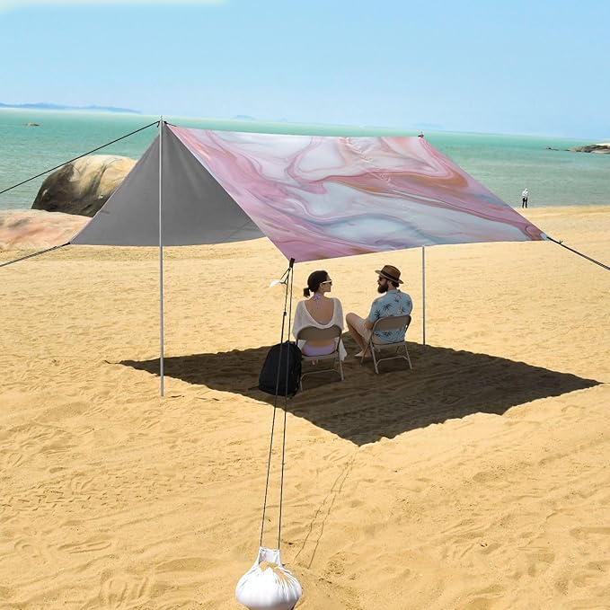 ALAZA Pink &amp Gold Marble Beach Tent Sun Shelter UPF50+ Protection Beach Shade Canopy w/ 4 Sandbags for Outdoor Camping Fishing Backyard Fun Picnic 10x9 ft
