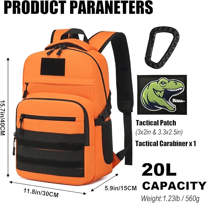 Kids Tactical Backpack Army Molle Bookbag Military Boys Backpack for School Outdoor Camping (Includes 2 Patches+1Carabiner) Orange