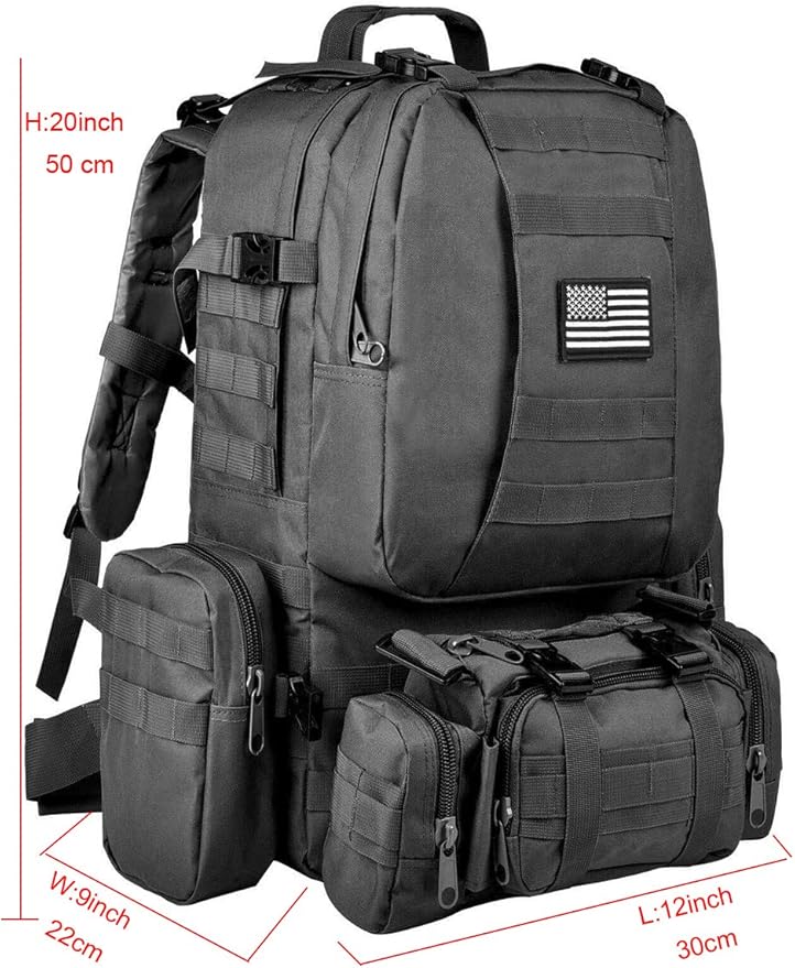 Tactical Backpack 55L with Built-up 3 MOLLE Bags Rucksacks for Travelling