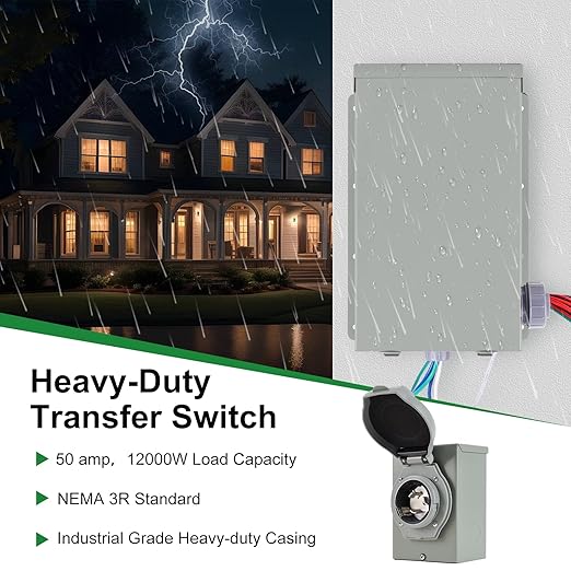 50 Amp Generator Transfer Switch Kit10-Circuits12000W Indoor&ampOutdoorNEMA 3R Include 10 Foot Cord and 50 Amps Inlet Box Easy to Install5 Years Warrnaty