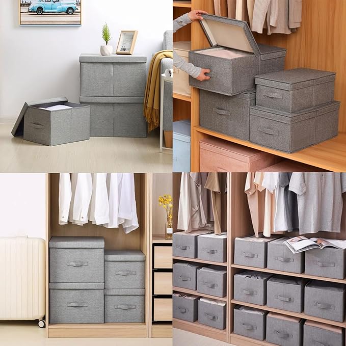 2 Pack Fabric Storage Bins with Lids Foldable Clothes Storage Bins Lidded Linen Storage Boxes Decorative Collapsible Basket with Handle for Bedroom Closet Office Clothes (Grey)