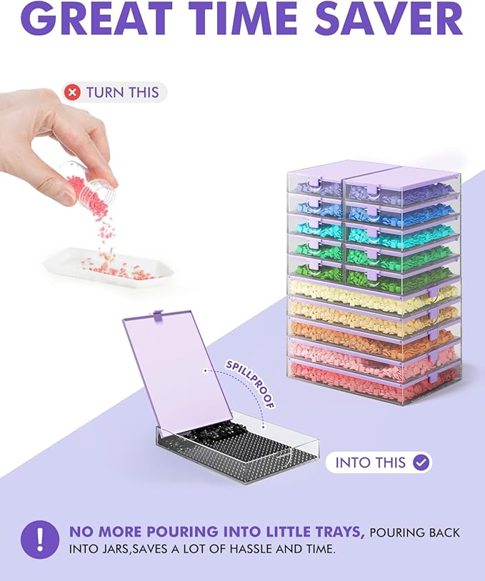 CATEARED Trabricks 2-in-1 Stackable Diamond Art Trays With Lids Diamond Art Storage Craft and Bead Storage Organizer &amp Line-Up Box Package (Clear Purple 30 piece Tray Kit)