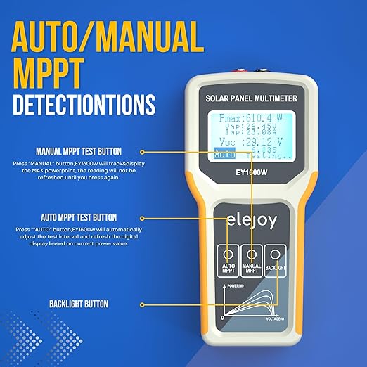 EY1600W Solar Panel Tester Solar DC/AC Power Meter Photovoltaic Panel Multimeter Open Circuit Voltage Auto &amp Manual MPPT Max. Power Point Voltage/Current Backlit LCD Display