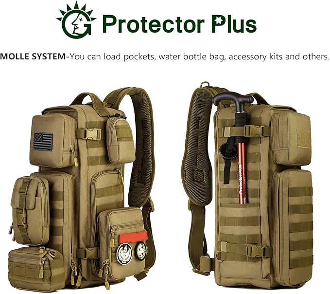 Protector Plus Tactical Sling Bag Military MOLLE Crossbody Pack (Patch Included)