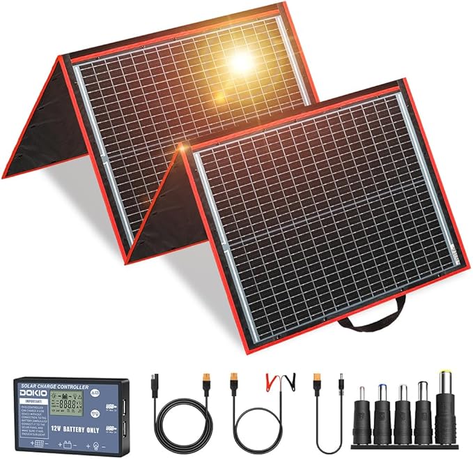 DOKIO 150W Portable Foldable Solar Panel Kit (20x21in 7.3lb) with Separate Controller and Dual USB Monocrystalline Charger for 12V Batteries &amp Power Stations RV Camping Trailer Emergency Backu