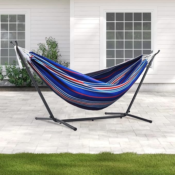 550lbs Capacity Double Hammock Adjustable Hammock Bed with 10ft Heavy Duty Steel Stand Includes Portable Carrying Case Easy Set up Blue Pinstrip B