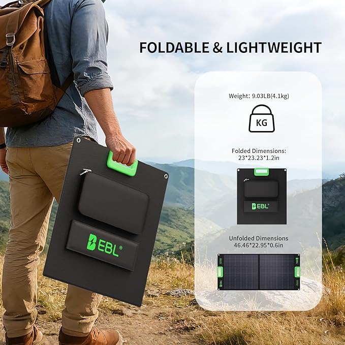 EBL 100 Watt Solar Panel Foldable Solar Charger for Power Station Portable Solar Panels w/Kickstands High Efficiency IP65 Waterproof for Camping RV Off-Grid Outdoor