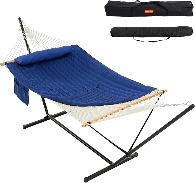 Lazy Daze Hammocks 2 Person Portable Hammock with 12FT Stand 10.5FT Double Hand Woven Cotton Rope Hammock with Detachable Quilted Pad &amp Pillow for Outside 450lb Capacity Navy Blue