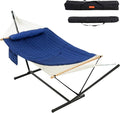Lazy Daze Hammocks 2 Person Portable Hammock with 12FT Stand 10.5FT Double Hand Woven Cotton Rope Hammock with Detachable Quilted Pad &amp Pillow for Outside 450lb Capacity Navy Blue