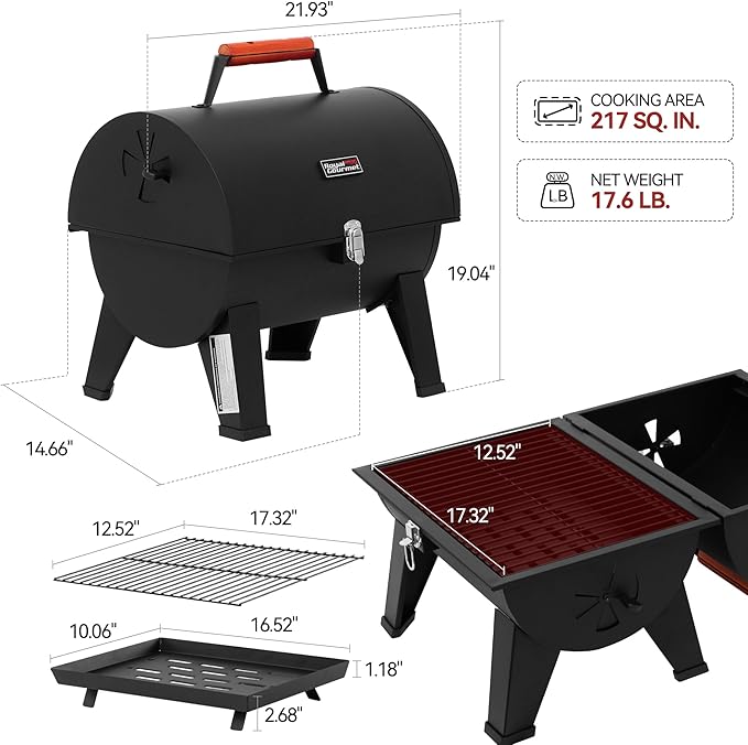 Royal Gourmet CC1619 Portable Tabletop Charcoal Grill Convertible Lid-to-Grill Zone Outdoor Compact Barrel BBQ Grill with 217 Sq. In. Grilling Space for Backyard Patio and Parties Black