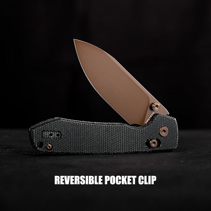 Vosteed Raccoon EDC Knife Lightweight Pocket knife with Clip for Men &amp Women - 3.25 Sandvik 14C28N Steel Rose Gold Blade Crossbar Lock Micarta Handle Folding knives - A0539