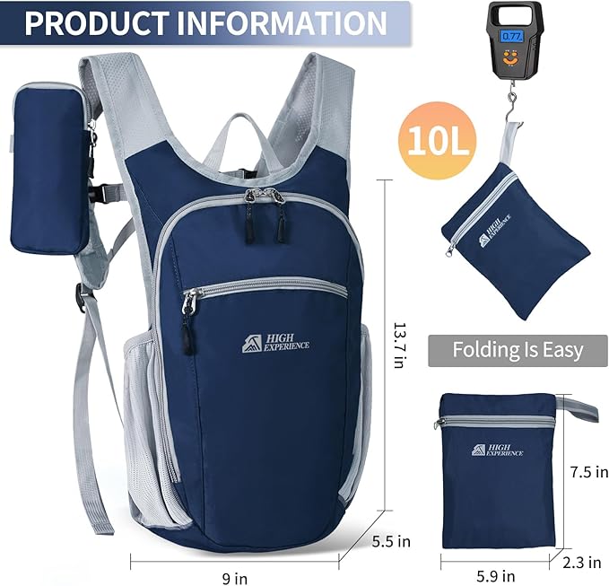 Hiking Backpack 10L/15L Small Daypack Lightweight Packable Travel Foldable Water Resistan for Women Men (Navy Blue 10L)