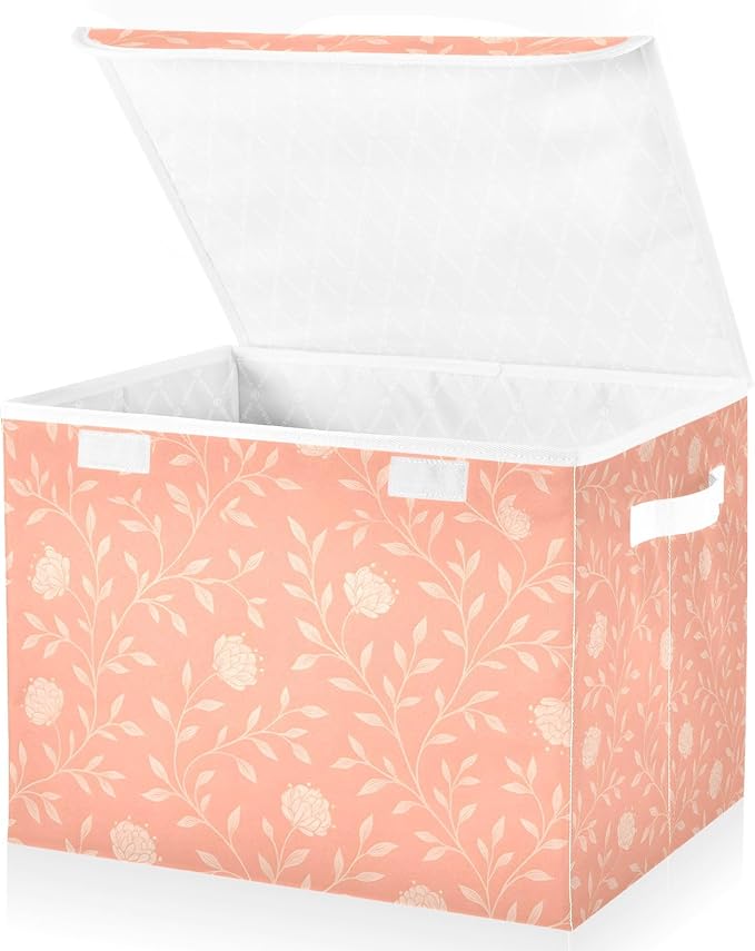 ALAZA Peach-pink Floral Vine Storage Bins Organizer Box Baskets Lidded Clothes for Shelves Closet Collapsible Stackable Storage Cubes Handles