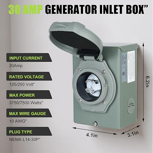 30 Amp Generator Inlet Box NEMA L14-30P 4 Prong Power Inlet 125/250V 7500W ETL Listed Weatherproof Waterproof Outdoor for Emergency Backup