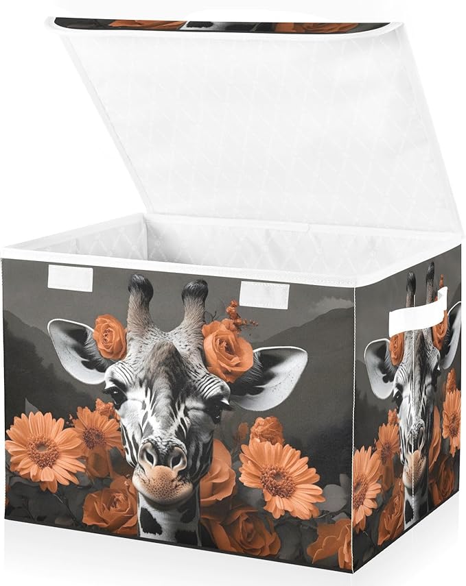 AIXIWAWA Lidded Storage Cube (Orange Floral Giraffe) Fabric Foldable Closet Bins with Flip Lid and Handles Organizer Basket Container 16.5 x 12.6 x 11.8 IN