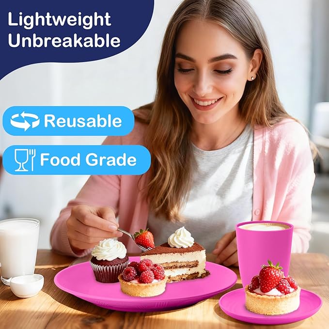 Wheat Straw Dinnerware Set 40 PCS | Service for 8 | Unbreakable Plates and Bowls Sets Plastic Reusable Dishes Sets Dinner Plates Cereal Bowls Water Cups Kitchen Set for Home RV- Pink