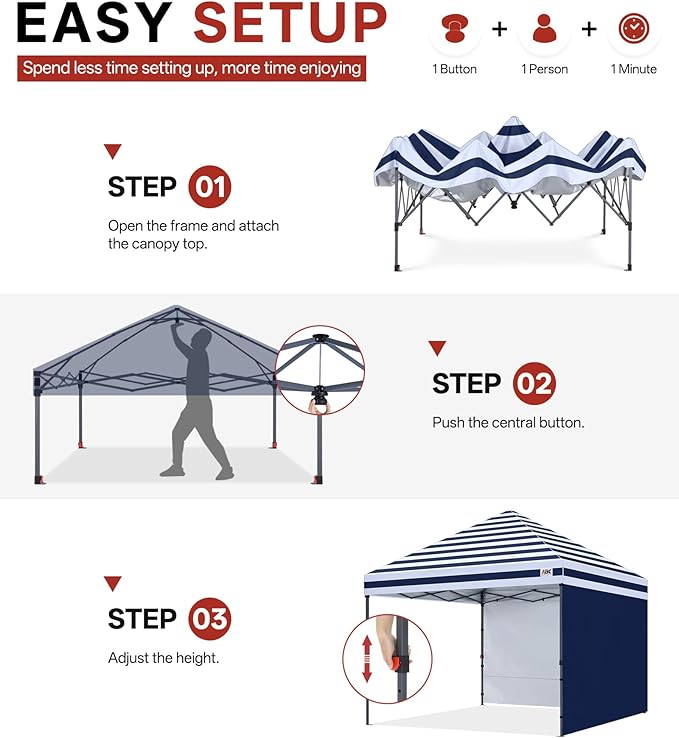 ABCCANOPY Easy Pop up Canopy Tent with 2 Sidewalls for Outdoor Sun Blocking or Rain Protection10x10 Navy Blue Stripes