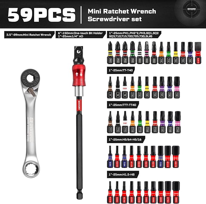 Geinxurn 59Pcs 2-in-1 Dual End T-Handle Ratchet Wrench Set 72-Tooth 1/4 Reversible Ratchet with Bit Holder Socket Adapter and 1” Impact Screwdriver Bits (Phillips/Torx/Hex) in Coded Base for Repair