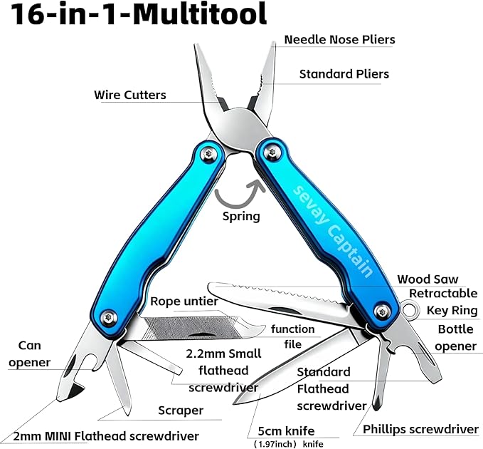 16-in-1 Mini Multitool Pliers: Stainless Steel Folding with Knife Spring-Loaded Needle Nose Wire Cutter Saw Screwdrivers Opener - 115g Lightweight EDC Gear with Nylon Sheath.