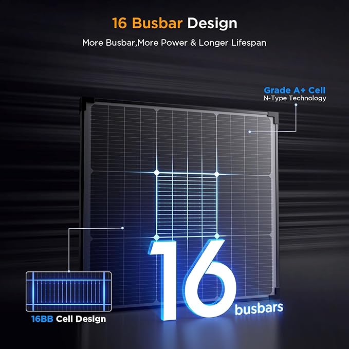 50 Watt Solar Panel 12V N-Type 16BB 50W Solar Panel25% High Efficiency Monocrystalline PV ModulesIdeal for RV Van Trailer Camper Marine RooftopOff-Grid (50w Single Panel)