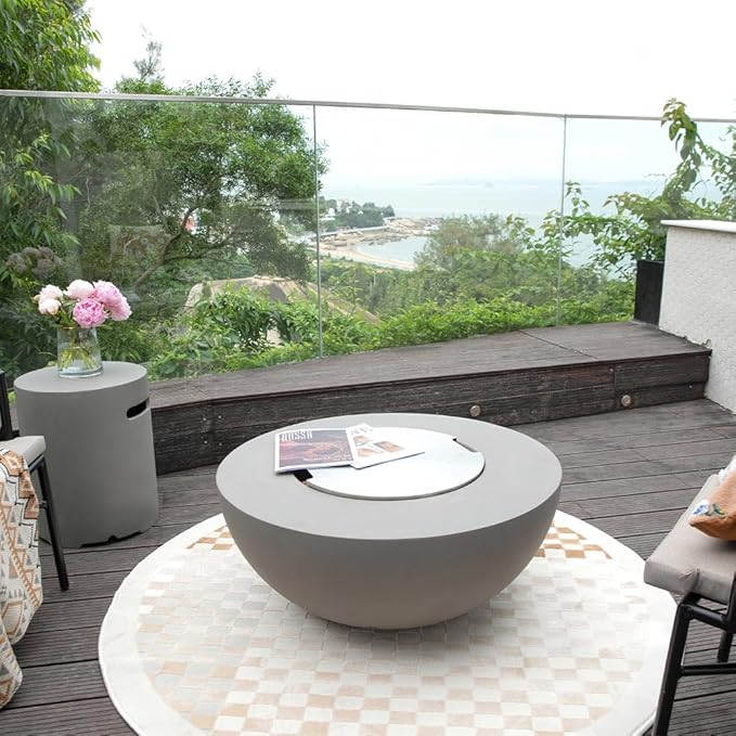 Roca Fire Table Outdoor Fire Pit 34 x 34 Cast Concrete Round Firepit Includes Lava Rocks 45000 BTUs Outdoor Fireplace for Patio Furniture Set Deck Porch Outdoor Heater - Natural Gas