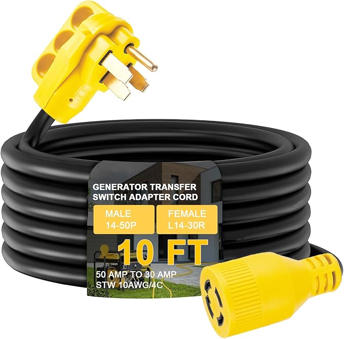 10 FT NEMA 14-50P to L14-30R Generator Transfer Switch Adapter Cord 240V/120V 50 Amp Male to 30 Amp Female Twist Lock 4 Prong Generator Adapter Cord STW 10 AWG Heavy Duty ETL Listed