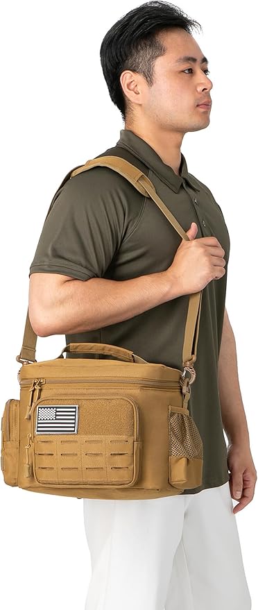 QT&ampQY Tactical Lunch Bag for mens Military heavy duty lunch box work Leakproof insulated Durable Thermal Cooler Bag for Adult Meal for Office Camping Picnic Pail MOLLE Webbing Khaki