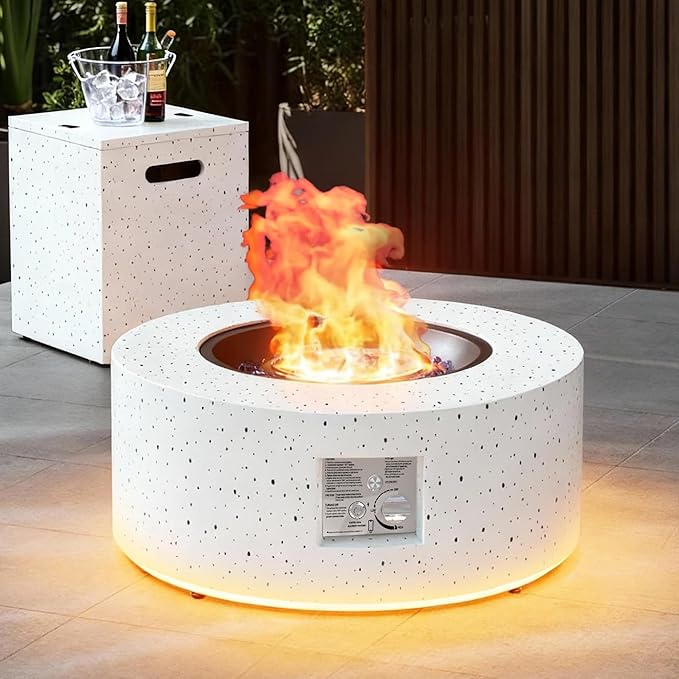 30 Round Propane Fire Pit Table - 50K BTU with Lid Rocks Tank Storage and Cover - Round Gas Fire Pits for Outside Patio - Outdoor Table with Firepit (White/Golden Light 30 Round)