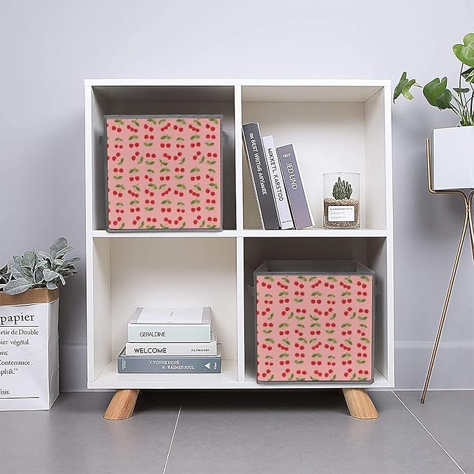 Fabric Cube Storage Bins with Handles Pink Cherry Fruit Theme Cherries Foldable Collapsible Organizer for Shelving Units Decorative Box for Living Room &amp Bedroom Decor