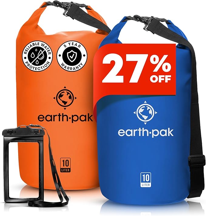 Earth Pak Waterproof Dry Bag - Roll Top Waterproof Backpack Sack Keeps Gear Dry for Kayaking &amp Fishing with Phone Case (Orange 10L &amp Blue 10L)