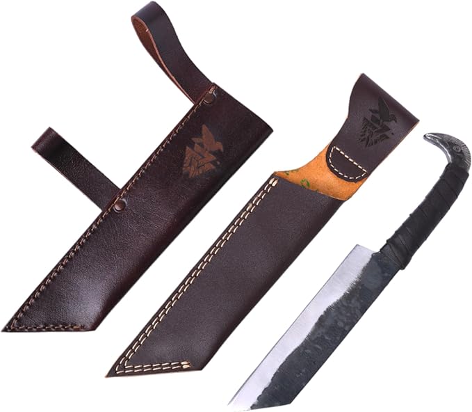 Odin's Raven Viking-styled Seax Knife 10.4 - Hand Forged 6.3 Carbon Steel Blade Raven's Head Hilt and 2 Genuine Leather Sheaths - Unique Medieval Style - Norse Knife for Hunting &amp Camping