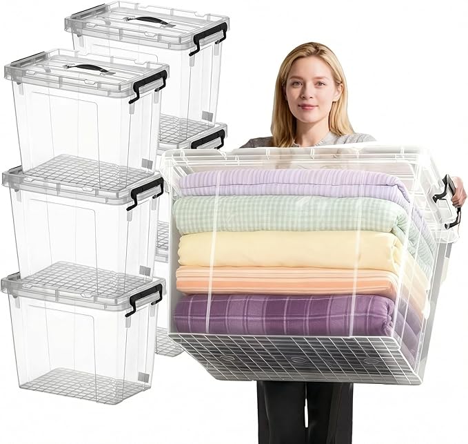 540 QT Clear Large Storage Bins with Lids 6 Pack 90 QT-Stackable Plastic Organizer for Home Office Garage BPA-Free Heavy-Duty See-Through Containers with Secure Latches &amp Handles