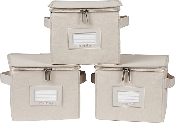 Covermates Keepsakes Zip-Top Storage Box Set 3 Pack Heavy Duty Polyester Organizer Bins Stackable Design ID Window Reinforced Handles Closet Home Storage Beige Heather