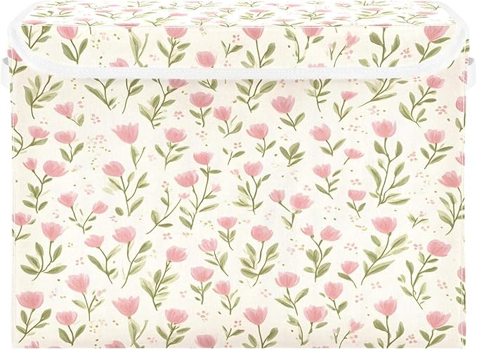 MNSRUU Containers Baskets with Lids Pink Flower Fabric Foldable Storage Bins Organizer with Lid Collapsible Storage Boxes for Home Bedroom Closet Office