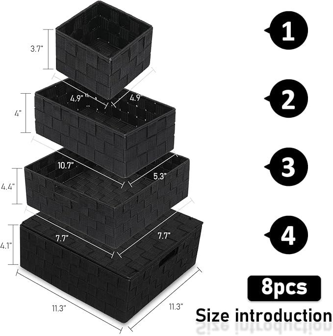 Woven Storage Bins with Lids Set of 8 Polypropylene Storage Baskets with Metal Frame Stackable Fabric Boxes for Drawers Closet Shelf Nursery and Office Black
