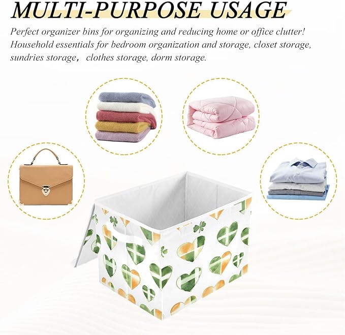 St. Patrick's Heart Fabric Storage Bins with Lids and HandleFoldable Storage Bins with LidsCloset Organizers for Clothes Storage Room Organization Office Storage Chest Organizer