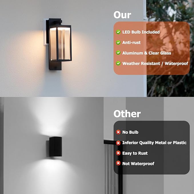 Outdoor Wall Light Fixtures 15” Exterior Waterproof Wall Lanterns Porch Sconces Lighting Modern Matte Black Outside Lights for Patio Front Door Entryway Garage