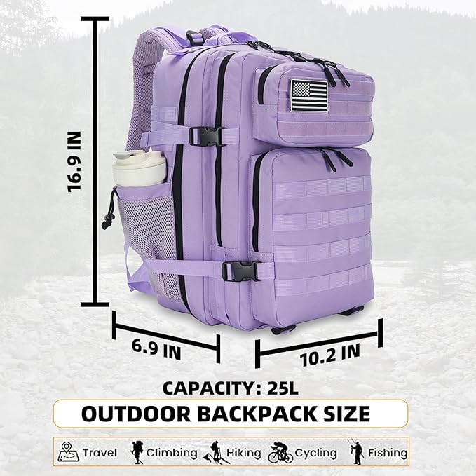 Lovelinks21 25L Tactical Backpack for Men and Women Military Backpack Small Assault Pack Molle Backpack Bug Out Bag Travel Rucksack Daypack (Light Purple)